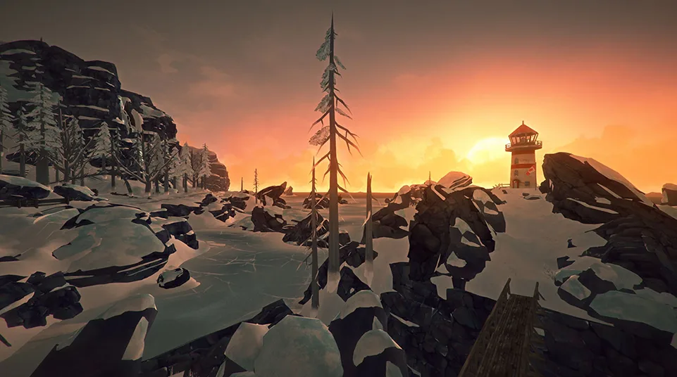 Schneebedeckte Felslandschaft bei Sonnenuntergang mit einem Leuchtturm in The Long Dark.