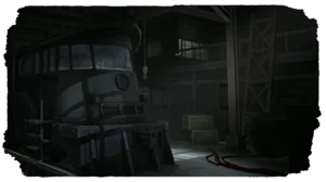 Ein alter Zug steht in einer Werkstatt auf Cauldron Island in The Long Dark: Iron Road.