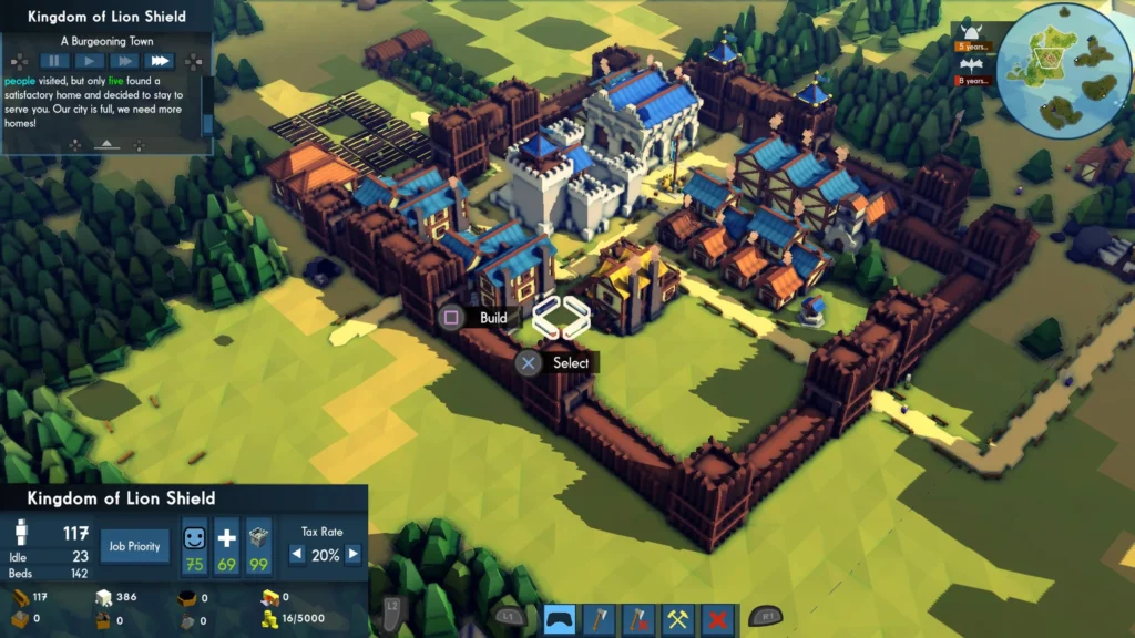 Offizielles Landschaftsmotiv aus Kingdoms and Castles mit einer mittelalterlichen Stadt.