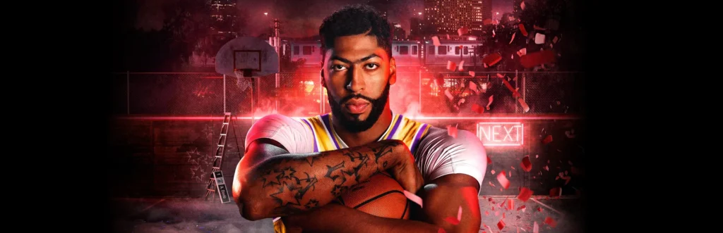 Anthony Davis hält einen Basketball vor einer beleuchteten Straßenszene aus NBA 2K20.