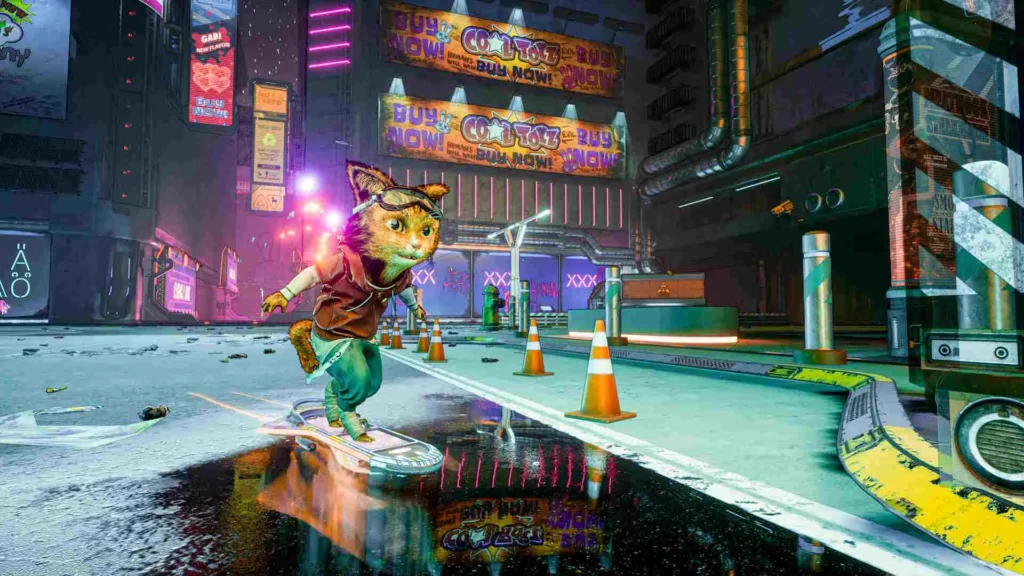 Gori steht mit seinem Hoverboard in einer neonbeleuchteten Straße.