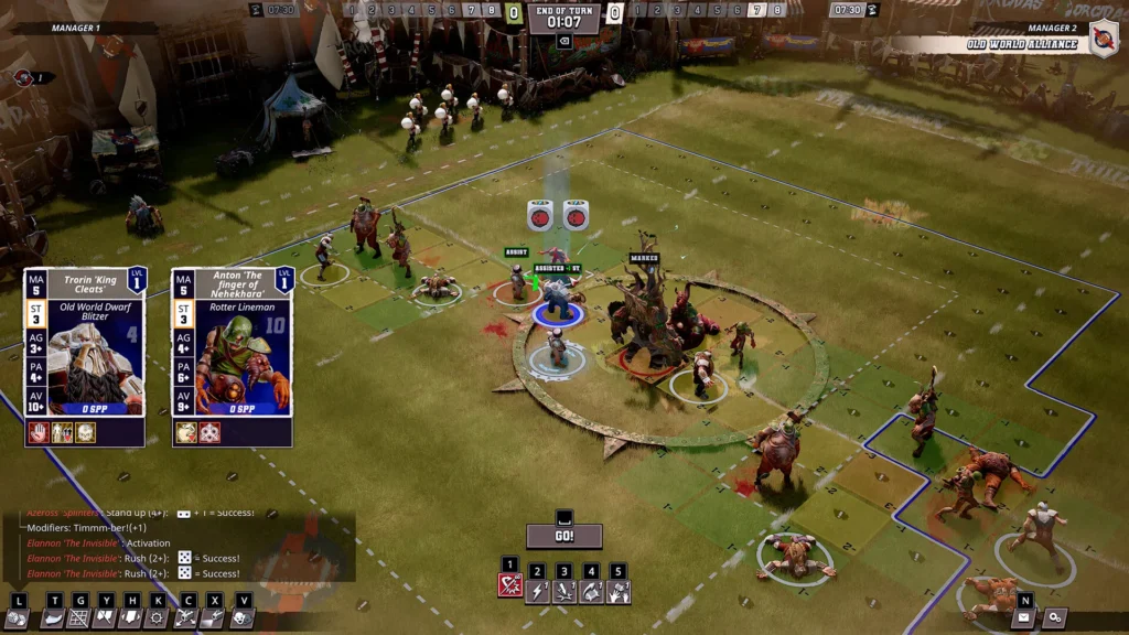 Auf dem Spielfeld von Blood Bowl 3 stehen zwei Fantasy-Football-Teams zur Auswahl eines Spielzuges bereit.