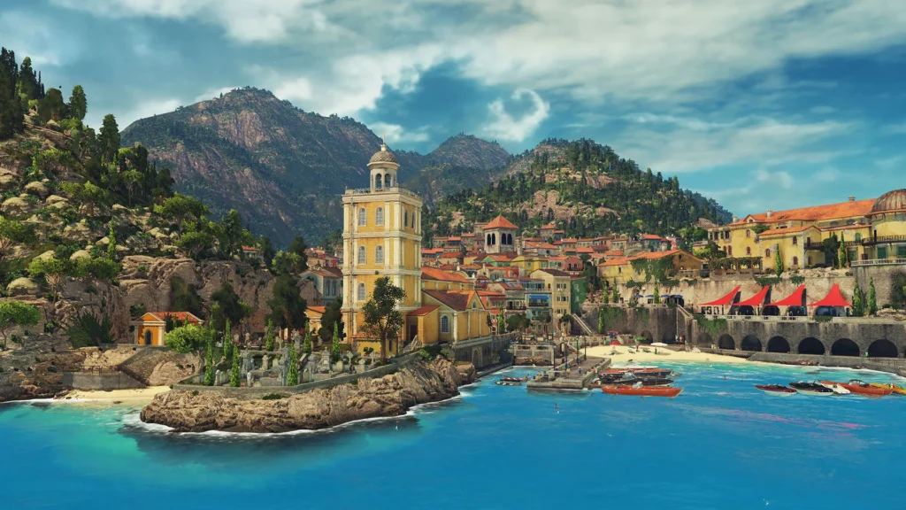 Blick über den Hafen und die Dächer von Sapienza, einem Einsatzort von Agent 47.