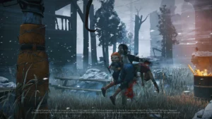 Spielszene von Dead by Daylight mit einem Überlebenden am Haken.