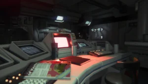 Eine Spielsituation aus Alien: Isolation in einem technisch ausgestatteten Bereich der Raumstation.