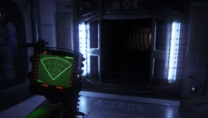 Gameplay aus Alien: Isolation mit bedrückender Beleuchtung und futuristischer Umgebung.