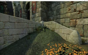 Steinerne Burgruine und grasbewachsener Weg in einem Grafiktest des Dark-Messiah-Moddingteams.