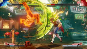 Guile kämpft in Street Fighter V gegen Vega auf einer nächtlichen Stadtstraße.