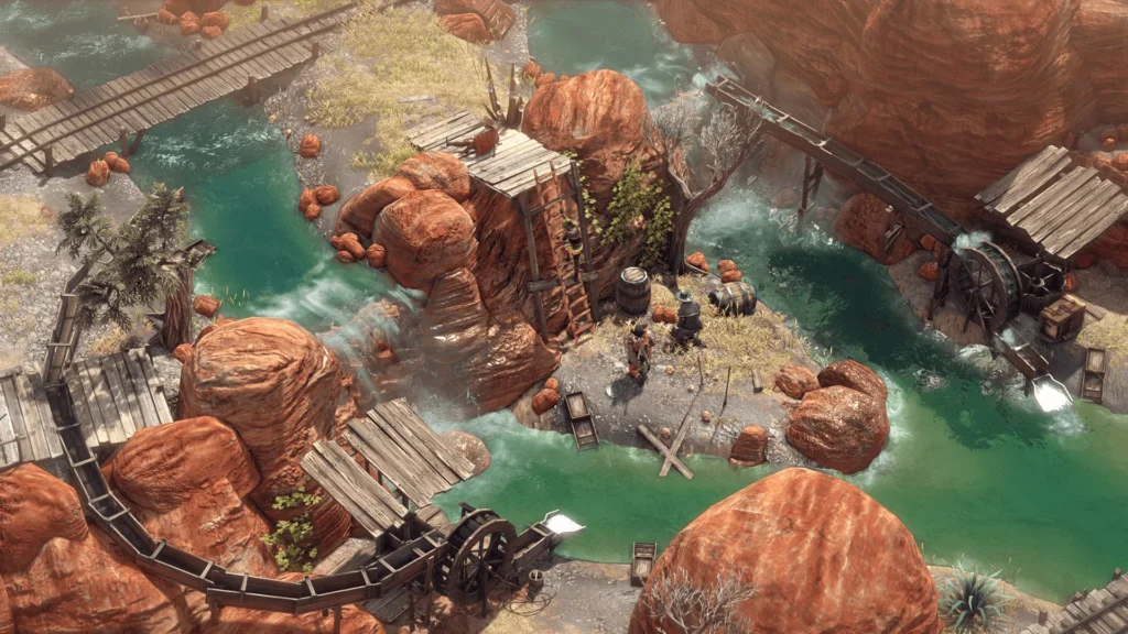 Felsen und Holzstege über einem Fluss im Westerngebiet von Desperados III