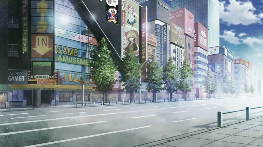 Eine illustrierte Geschäftsstraße in Akihabara aus STEINS;GATE