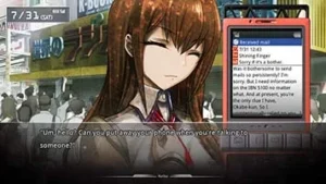 Kurisu und eine Nachricht auf dem Mobiltelefon im Visual Novel STEINS;GATE