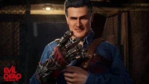Ash Williams betrachtet seine mechanische Hand in Evil Dead: The Game.