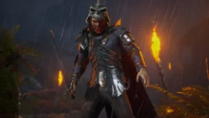 Ein untoter Krieger in Rüstung steht im Regen zwischen Fackeln in Evil Dead: The Game.