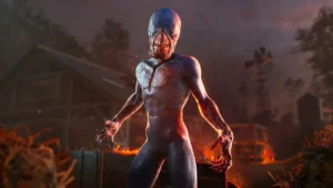 Ein unheimliches Wesen aus Evil Dead: The Game steht vor einer düsteren Kulisse.