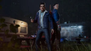 Zwei Überlebende stehen in Evil Dead: The Game mit Waffen Rücken an Rücken.