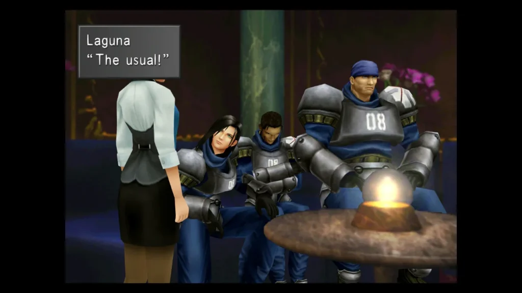 Laguna und seine Begleiter stehen in einer Szene aus Final Fantasy VIII Remastered nebeneinander.