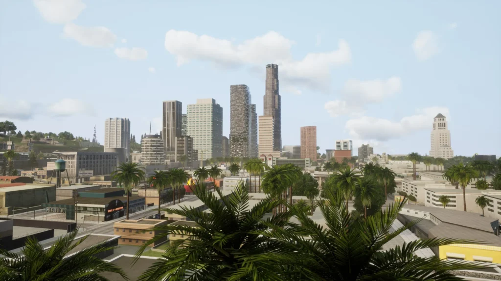 Blick über die palmengesäumten Straßen von Los Santos in Grand Theft Auto: San Andreas – The Definitive Edition.