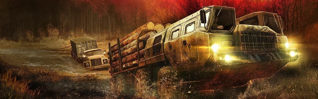 Zwei schwere Lastwagen mit Holzladung fahren durch eine bewaldete Landschaft bei Abendlicht