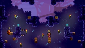 Pixelgrafische TowerFall-Arena mit zwei Bogenschützen und Schatztruhen