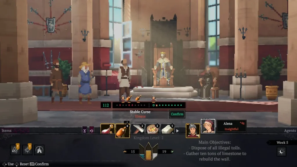 Szene aus Yes, Your Grace 2: Snowfall mit der pixeligen Königreichsdarstellung.