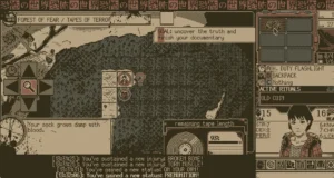 Der Szenariomodus von WORLD OF HORROR zeigt ein Waldgebiet, Videoband-Anzeigen und eine Spielfigur im Pixelstil.
