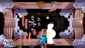 Raumschiff von Wings of Bluestar im Gefecht mit feindlichen Geschossen und Boss