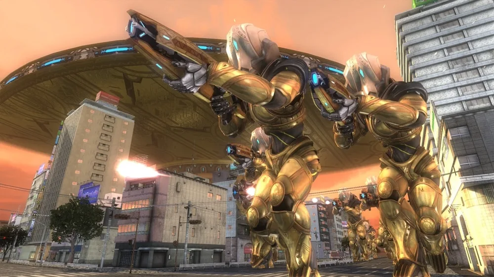 EDF-Soldaten kämpfen gegen eine große Gruppe außerirdischer Gegner auf Nintendo Switch 2.